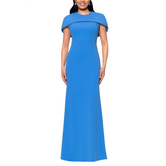 NEW BETSY & ADAM women's shanice cape floor length dress in cornflower